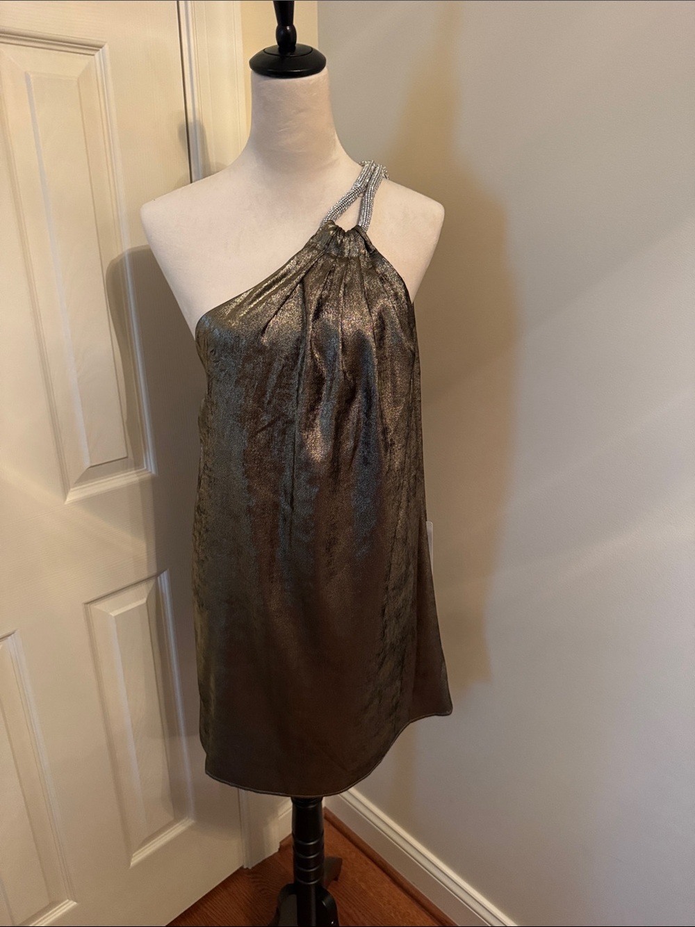 Badgley Mischka One-Shoulder Metallic Bronze Evening Dress